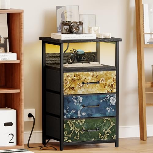 Fixwal Night Stand with 3 Fabric Drawers, Nightstand with Charging Station