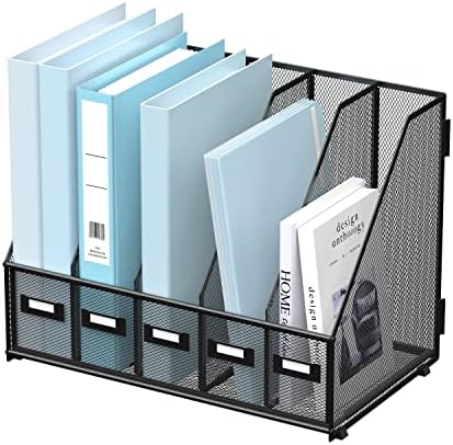SUPEASY Desk Organizers Metal Desk Magazine File Holder with 5 Vertical Compartments Rack File Organizer for Office Desktop, Classroom, Home Workspace, Black