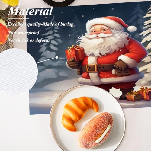 Shrahala Christmas New Year Set of 8 12 X 18 Inch Linen Placemats, Santa Claus Snow Presents Christmas Trees Burlap Table Mat Washable Double Layered Heat Insulation for Indoor