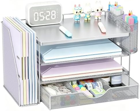 gianotter Desk Organizers and Accessories with File Holder, 4-Tier Desk Accessories & Workspace Organizers with Drawer and 2 Pen Holder, Desk Reference Organizer (Grey, 4T with Metal Drawer)