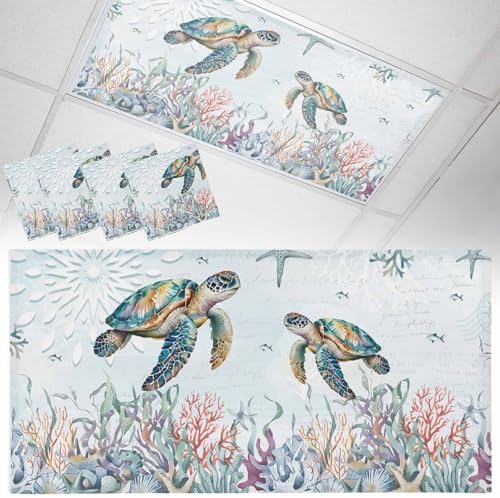 Watercolor Turtle Magnetic Fluorescent Light Covers for Ceiling Lights 2 x 4 Feet,Coastal Coral Seaweed Vintage Blue Office Classroom Kitchen Drop Ceiling Light Covers Filters Shade Panel 4 Packs