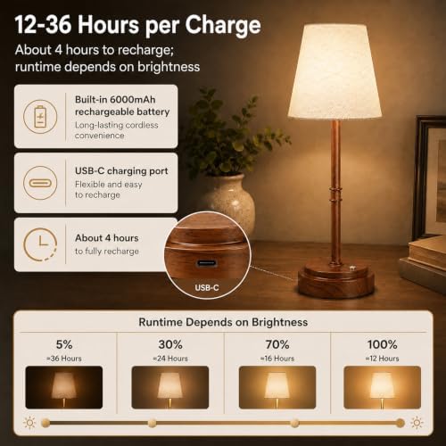 Rechargeable Cordless Table Lamp, Battery Operated Bedside Lamp, Wood Grain