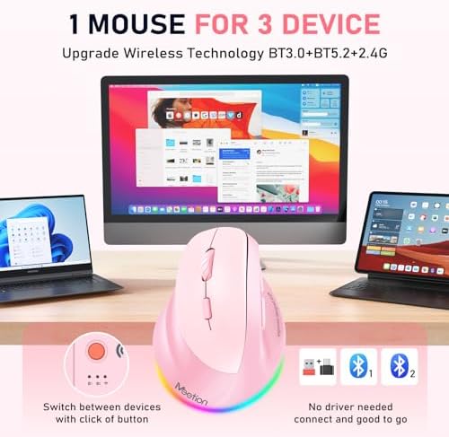 MEETION Left-Handed Ergonomic Mouse, Vertical RGB Design, Pink for Left