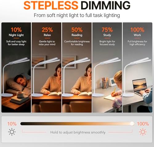G Keni LED Desk Lamp, 2400 Lux Bright Desk Lamp for Home Office, Dual Head Adjustable Desk Lamp with 5 Color Modes, Stepless Dimming, 360° Gooseneck, Auto Timer, Eye Caring Task Light