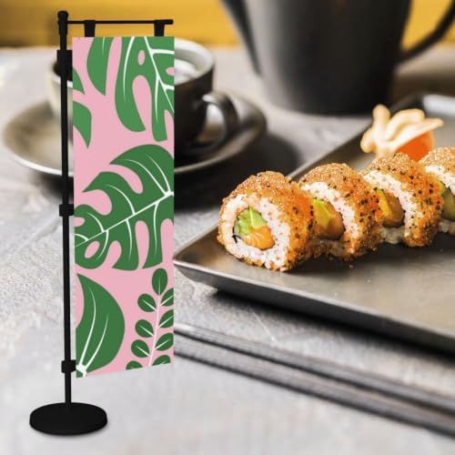 Green and Pink Palm Leaf Deluxe Desk Flag Set, 12 x 4 Inch Miniature Table Flag with 14" Pole & Stand Base