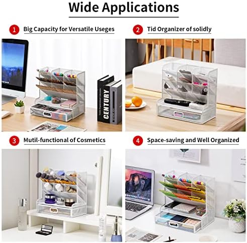 Marbrasse Mesh Desk Organizer - Multi-Functional Pen Holder with Drawer, Desktop Stationary Storage Rack for School, Home, Office, Art Supplies (White Mesh)