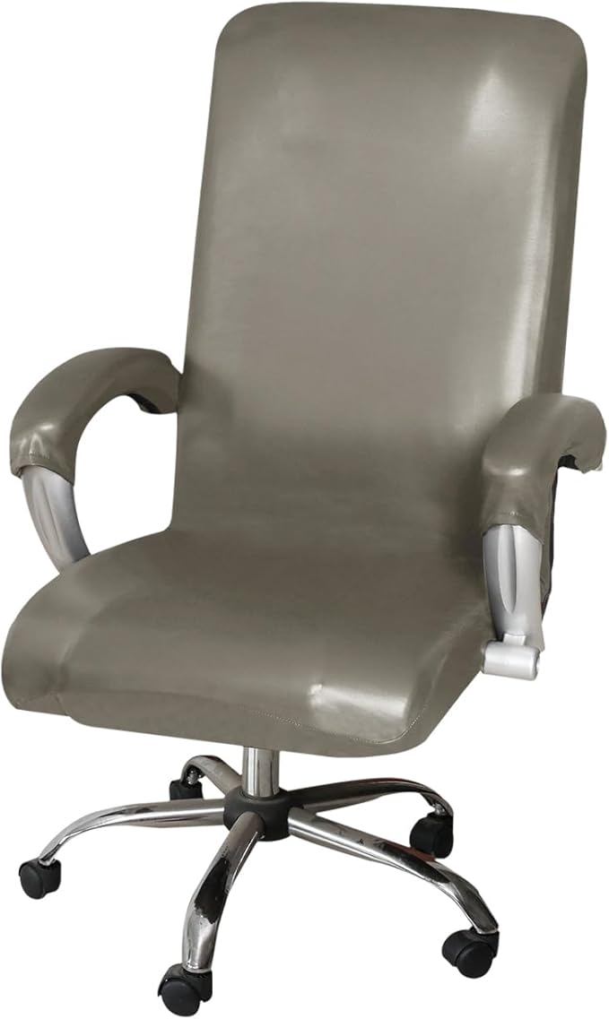 ITFRO Waterproof Office Chair Cover with Armrest Covers Taupe PU Leather Computer Desk Chair Cover with Zipper Universal Rotating Gaming Chair Slipcover High Back Chair Seat Protector (Taupe)
