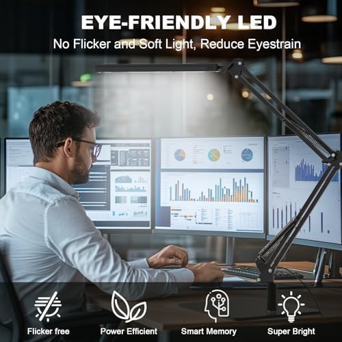 TROPICALTREE LED Desk Lamp for Home Office and Round Base, Clamp-On with 5 Light Modes & Auto Shut Off | 14W Adjustable Brightness 5000K Eye-Caring Lighting for Study/Bedroom/Computer Desk