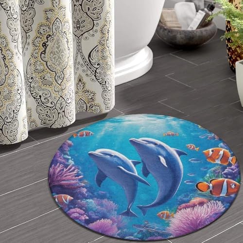 Room Sofa Yoga Soft Round Carpet, Home Decor Non Slip Kitchen Office Circle Rug, Machine Washable Modern Round Area Rug Sea Underwater Beautiful Sea World Dolphins, 36inch