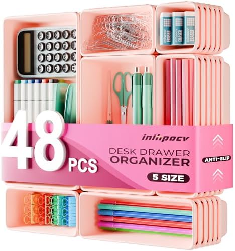 [ 48PCS & 5 Sizes ] Tool Box Organizer Tray, Toolbox Drawer Organizer with Non-Slip Pads, Desk Drawer Divider Set, for Vanity, Desk, Bathroom, Kitchen, Dresser and Home Office Drawers