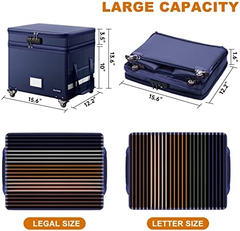 DocSafe File Box with Lock, 2-Layer Fireproof Document Box with Wheels,Collapsible File Storage Organizer with Pockets,Large Portable Office Filing Cabinet Hanging Folders,Blue,16''x13.8''x12.2''