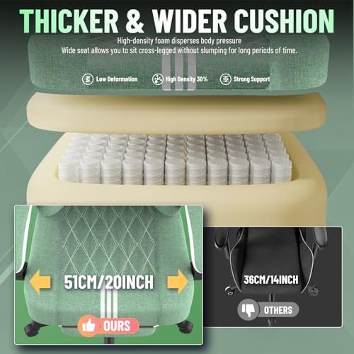 Ferghana Cotton Fabric Gaming Chair – Wider Seat Cushion, Diamond Double-Stitching, Ergonomic High Back with Footrest, Computer Gamer Chair Featuring Massage Lumbar Support for Adults (Green/White)