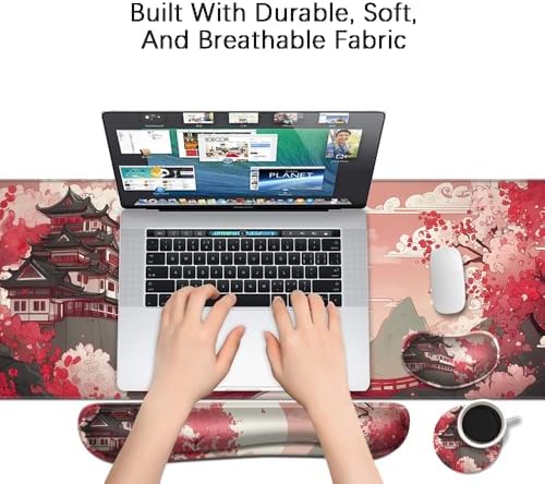 Desk Mat, Large Gaming Mouse Pad with Wrist Rest, 4 in1 XXL Mouse pad+Keyboard Wrist Rest+Mouse Pad Wrist Support+Cup Coaster Set, Ergonomic Desk Pad for Home Office, Japanese Sunrise