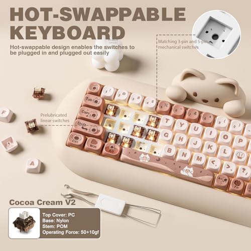 YUNZII C68 Silicone Cute Cat Mechanical Keyboard (Brown,Cocoa Cream Switch)