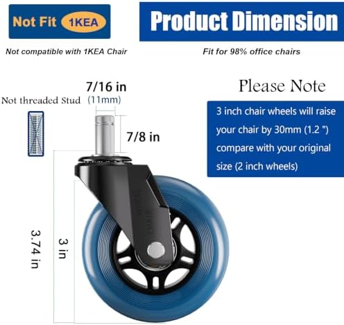 Office Chair Caster Wheels Replacement 3 Inch Roller Blade, Set of 5