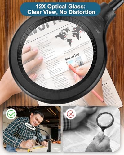 12X Magnifying Glass with Light and Stand, Real Glass, LED 5 Color Modes, Brightness Stepless Dimming Lighted Magnifier Hands Free with Flexible Gooseneck Desk Clamp Lamp for Close Work, Craft, Hobby