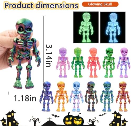 14 pcs 3D Printed Skeleton Figurines, Colorful 3.15 Inch Halloween Decorations, Fun Spooky Skull Toys for Desk, Party, or Shelf Display