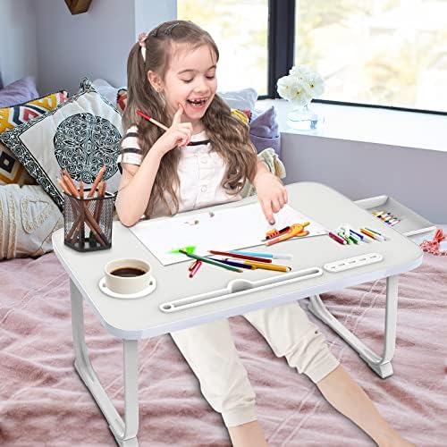 Fayquaze Laptop Bed Desk, Portable Foldable Lap Bed Table with USB Charge Port Storage Drawer and Cup Holder,Lap Desk Laptop Stand Tray Table Serving Tray for Eating, Reading and Working