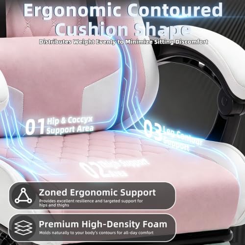 Gaming Chair for Adults, Fabric Gaming Chair with Footrest and Pocket Spring Cushion, Ergonomic Gamer Chair with Lumbar Support, Reclining Computer Gaming Chair with High Back, Pink