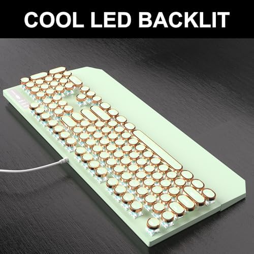 Camiysn Typewriter Style Mechanical Gaming Keyboard, Green Retro Punk Gaming Keyboard with White Backlit, 104 Keys Blue Switch Wired Cute Keyboards, Round Keycaps for Windows/Mac/PC