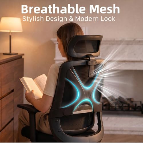 Mesh Ergonomic Office Chair with Lifting Armrests Home Office Desk Chair with Headrest and Backrest 90-150 Adjustable for Home, Office, Gaming, Student（Black）