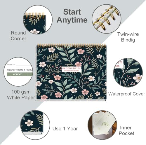 Weekly Productivity Dashboard - 8.5" x 11" Dashboard Desk Notepad Has 6 Focus Areas to List Tasks for Goals, Projects, Clients, Academic or Meal-Organize Your Daily Work Efficiently, 54 Weeks, Flower-C