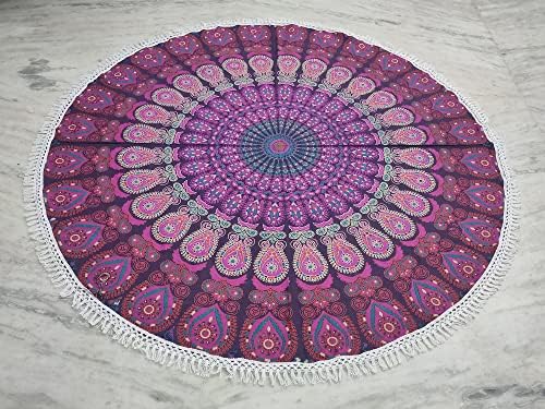 Round Beach Tapestry Turquoise Mandala Throw/Boho Hippie Beach Blanket Roundie/Indian Cotton Bohemian Large Round Table Cloth-Home Decor/Yoga Mat Meditation Picnic Rug (42", White And Pink)