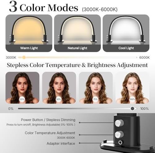 BLUVALL Half Moon Nail Lamp for Desk Portable Nail Desk Lamp with Phone Holder, Stepless Adjustment of Brightness and Color Temperature Desk Lamp for Nail Tech, Eyelash, Tattoo, Makeup (Black)