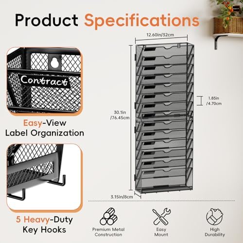 15-Tier Wall File Organizer with Hook, Hanging File Organizer Black