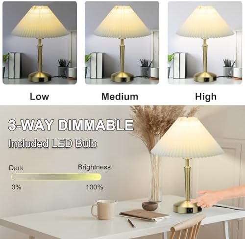 LALISU Touch Bedside Table Lamp, Fabric Shade Small Table Lamp, Gold