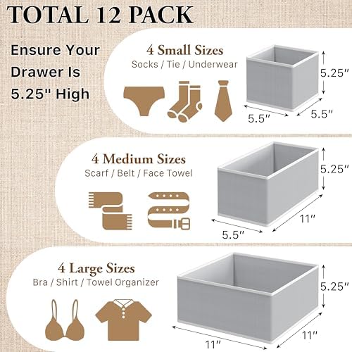 Simple Houseware Foldable Drawer Organizer Stocking Bin, Set of 12, Gray