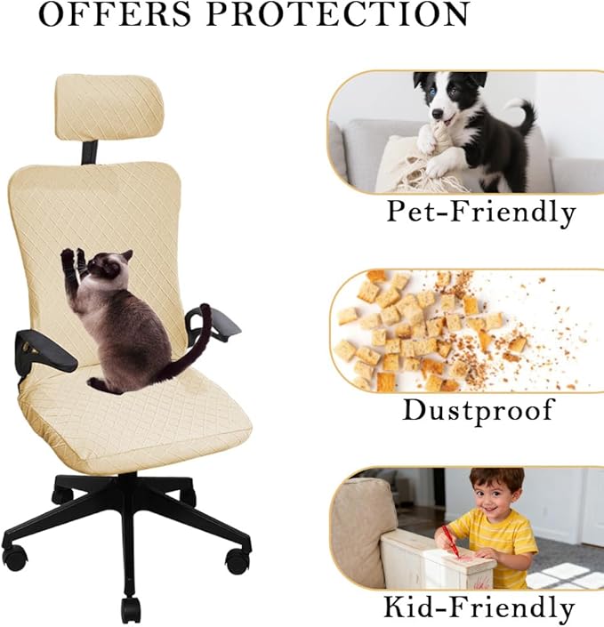 Ergonomic Office Chair Covers Set with Headrest Cover Stretch Desk Computer Chair and Headrest Slipcovers Washable Protector Slipcovers for Swivel Computer Chair 2 Pieces Beige