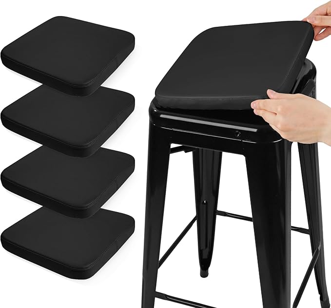 SINOSSO Modern Faux Leather Bar Stool Cushions 4 Pack, Leathaire Magnetic Small Chair Pads for Cafe Bistro Stackable Metal Stools (Square, Black, 4)