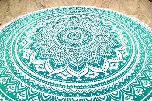 Round Beach Tapestry Turquoise Mandala Throw/Boho Hippie Beach Blanket Roundie/Indian Cotton Bohemian Large Round Table Cloth-Home Decor/Yoga Mat Meditation Picnic Rug (42", Green and White)