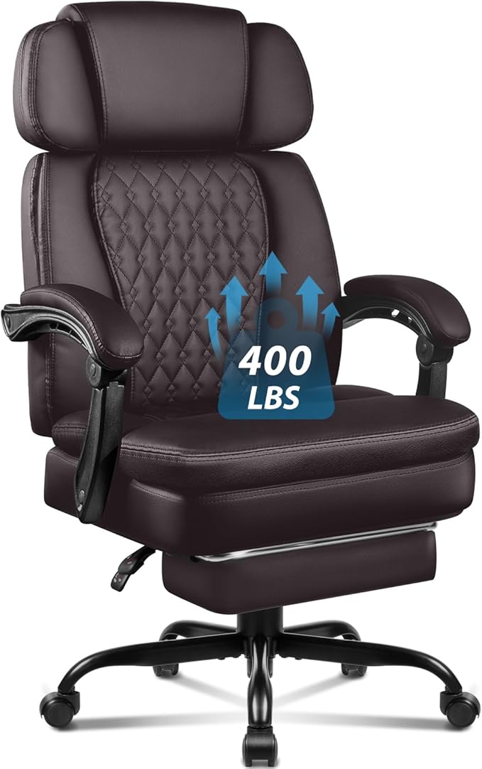 LEMBERI400lbs Executive Office Chair with Foot Rest, Ergonomic Heavy Duty Big and Tall Desk Chair with Adjustable Headrest, High Back PU Leather Comfy Reclining Computer Chairs