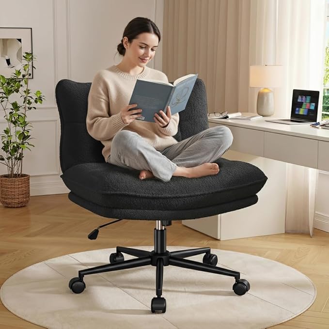 DurayLoly Criss Cross Chair with Wheels, 6.2" Extra Thick Cross Legged Office Chair, Height Adjustable Swivel Design for Home Office, Study & Vanity,Black