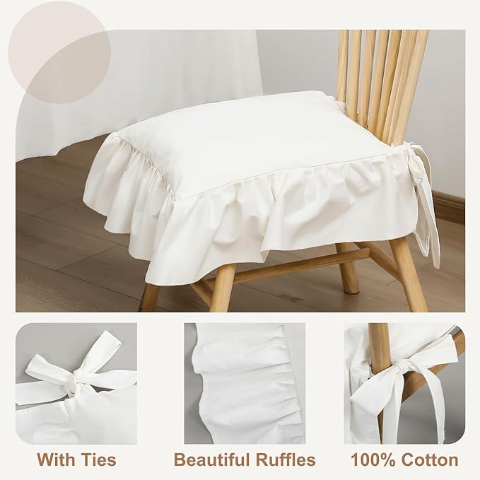 4 Pcs Ruffle Chair Cushions Cover 17.5''x17.5'' French Chair Pad Slipcover with Ties Ruffled Skirt Seat Cover Farmhouse Decor Covers Only, for Home Dining Kitchen Chairs Cushion