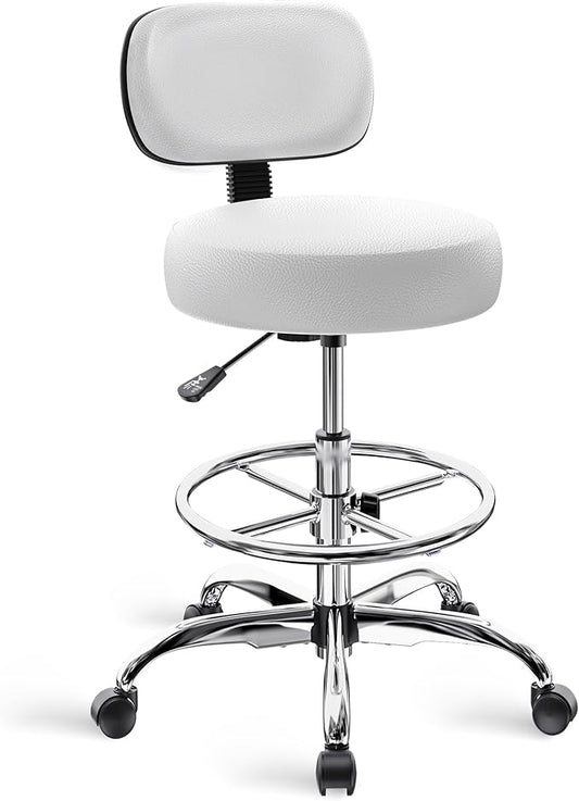 SUPERJARE Drafting Chair with Back, Adjustable Foot Rest Rolling Stool, Multi-Purpose Office Desk Chair, Thick Seat Cushion for Home Bar Kitchen Shop - White