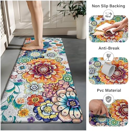 Floral Kitchen Rugs Mats for Floor 2 Piece Flowers Anti Fatigue Kitchen Mats Non Slip Cushioned Comfort Standing Mat for Sink, Office, Laundry, 17.3x28+17.3x47 Inch