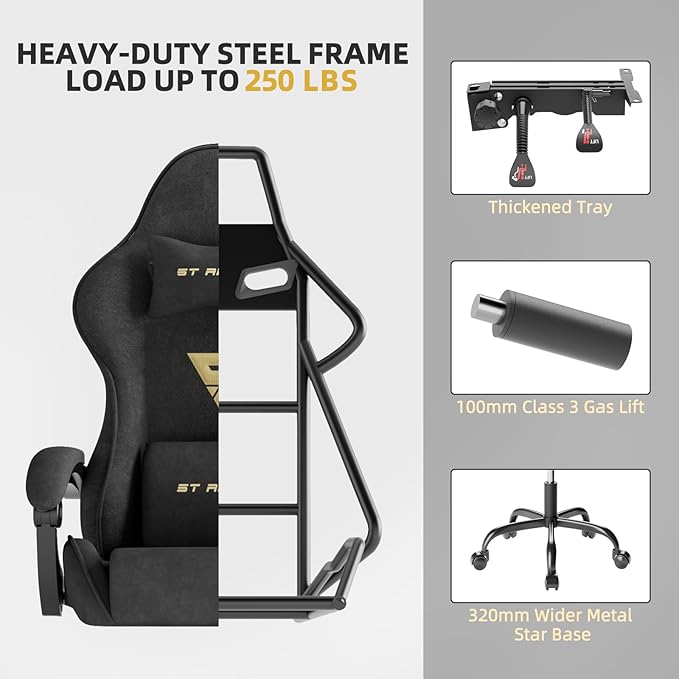 Ferghana Velvet Fabric Ergonomic Gaming Chair with Footrest and Massage, High Back Reclining Computer Gamer Chair for Adult, Racing Style PC Video Game Chair Suitable for Home Office (Black)