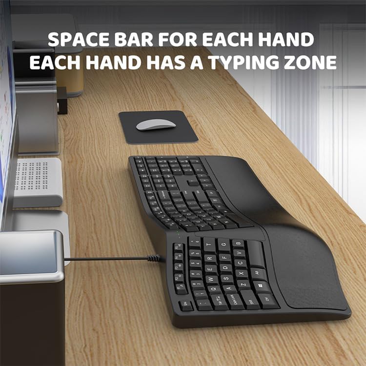 SurnQiee Ergonomic Keyboard Wired with Cushioned Wrist Rest, 110 Keys Split Keyboard for PC (Black)