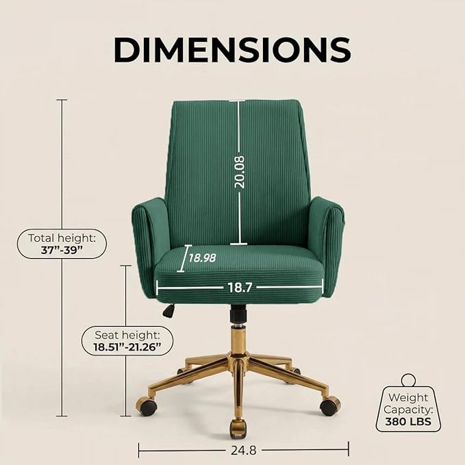 Striped Velvet Office Chair, 360° Swivel Ergonomic Task Chair with High Back, Gold Base and Wheels, Height Adjustable Modern Accent Chair for Home Office, Living Room, Study, Vanity Room (Green)