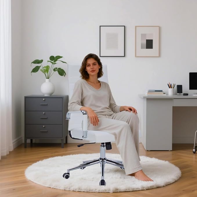 White Leather Ribbed Office Desk Chair, Ergonomic High-Back Executive Conference Room Chairs with Wheels, Adjustable Swivel Computer Task Chair with Arms and Thick Padded Seat