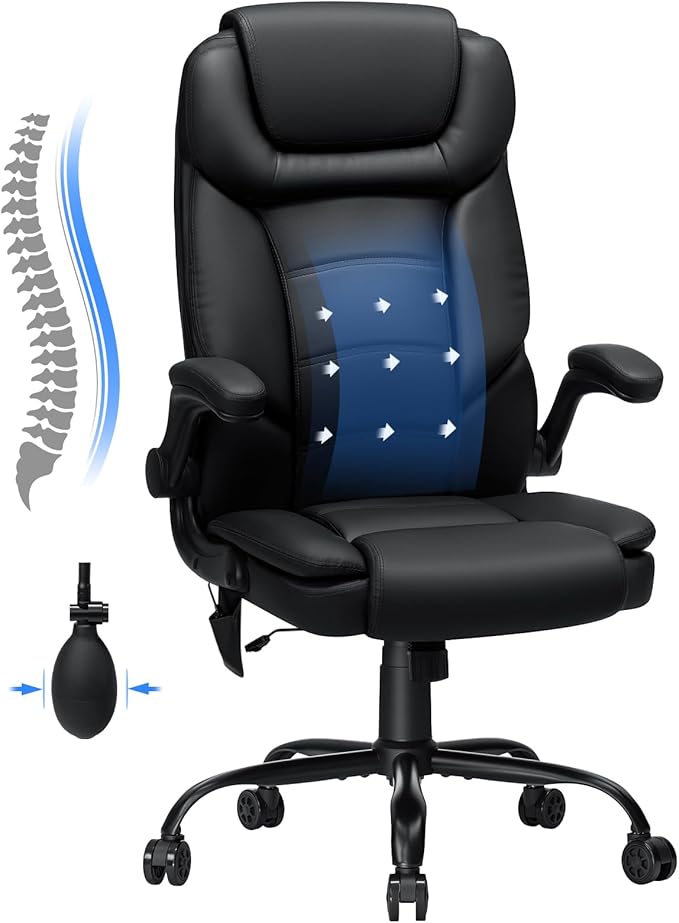 450lbs Executive Office Chair with Inflatable Lumbar Support, Heavy Duty Office Chair for Heavy People, Big and Tall Ergonomic Comfy Chair with Flip-Up Armrests, Breathable PU Leather (Black)