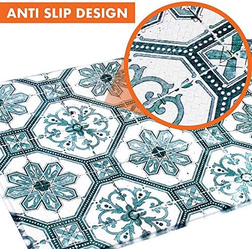 OPUX Anti Fatigue Kitchen Floor Mat, Reversible Cushioned Memory Foam Kitchen Rug Pad, Waterproof Non-Slip Padded Comfort Standing Mat Office Laundry Home, 47x17 (Floral Tile Blue)