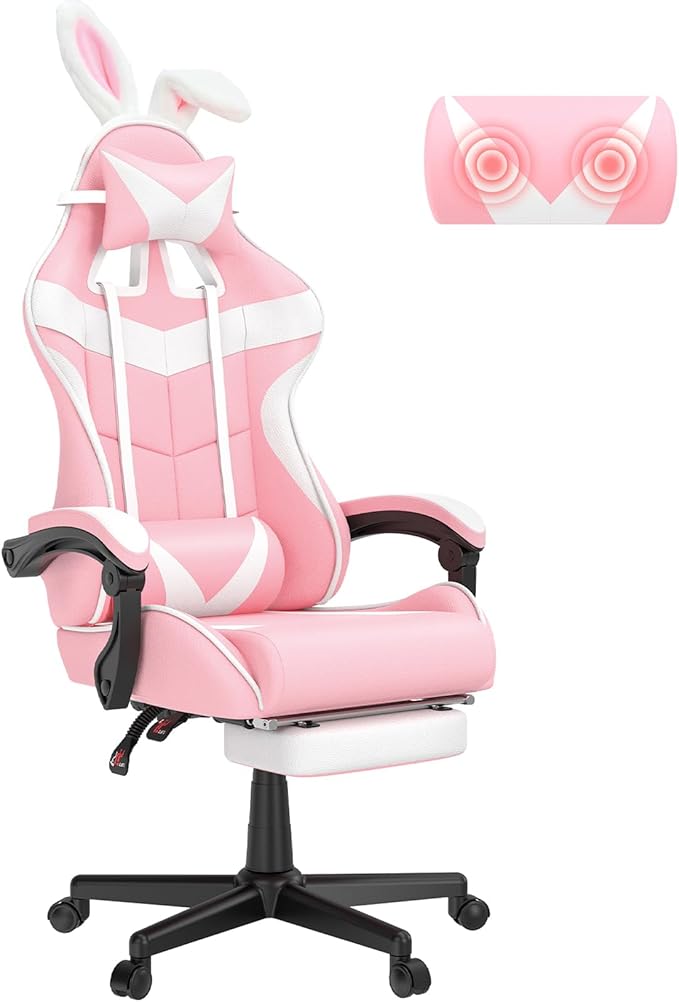 Soontrans Pink Gaming Chair with Footrest,Lovely Bunny Computer Gamer Chair,Gamer Desk Chair for Granddaughter,Sister,Girlfriend,Wife and Love (Pink)