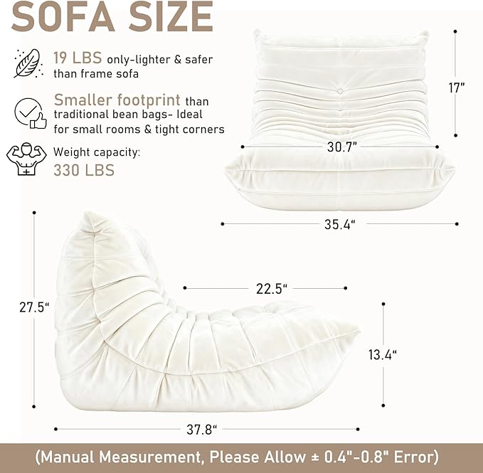 Trenda Bean Bag Chairs for Adults - Comfy Foam Bedroom Floor Sofa, Adult Size with Soft Velvet Boneless Beanbag Couch, Versatile for Living Room, Dorm, College,Reading & Gaming (White)