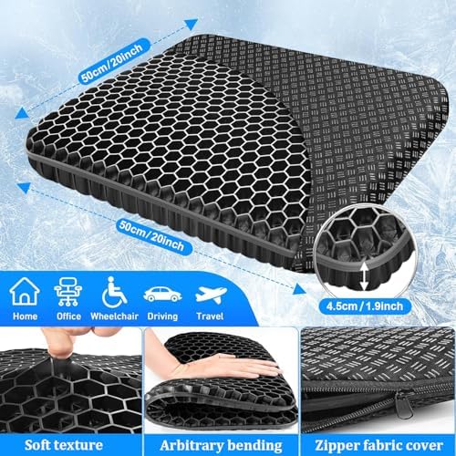 Gel Seat Cushion for Long Sitting Hip Pain, 20x20inch Jumbo Thick Soft & Breathable Cushion for Wheelchair Gel Seat Cushion for Office Home Chairs (Black)