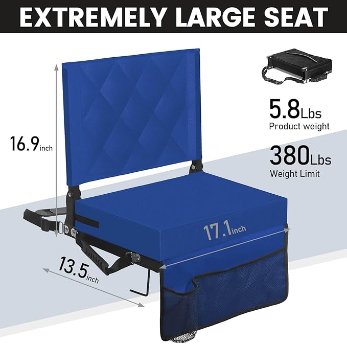 Sheenive Stadium Seats for Bleachers with Back Support, Bleacher Seats with Backs and Cushion Wide, Padded Portable Folding Comfort Stadium Chair with Shoulder Strap, Blue, 2 Pack