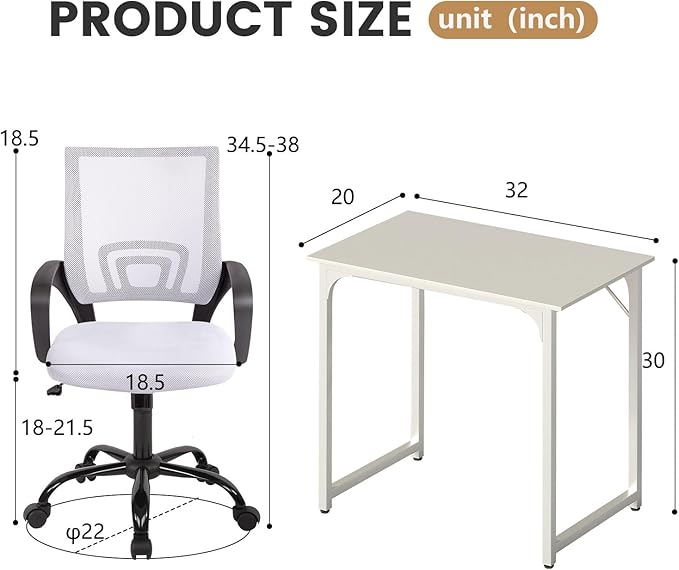 PayLessHere 32 Inch Home Office Desk and Chair Set,32 Inch Computer Desk with Ergonomic Height Adjustable Office Chair for Home Office,White & White
